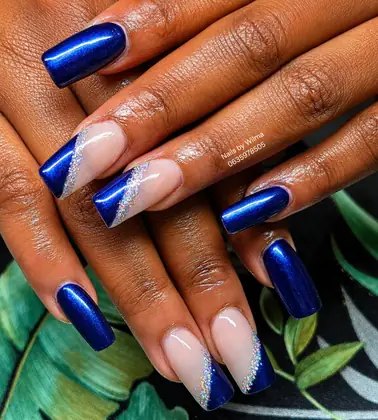 Blue nails with geometric accent details