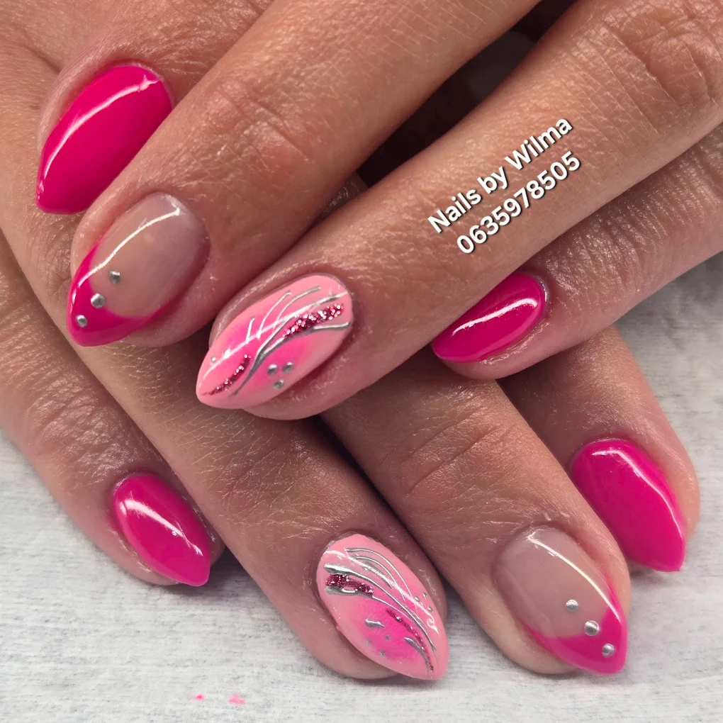 Pink and white marble almond shape nail design